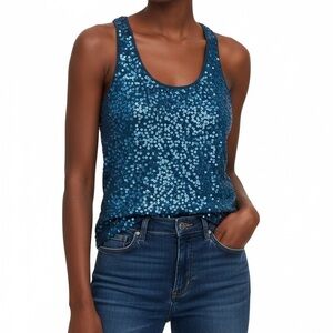 Express Sparkling Teal Sequin Razorback Tank Top